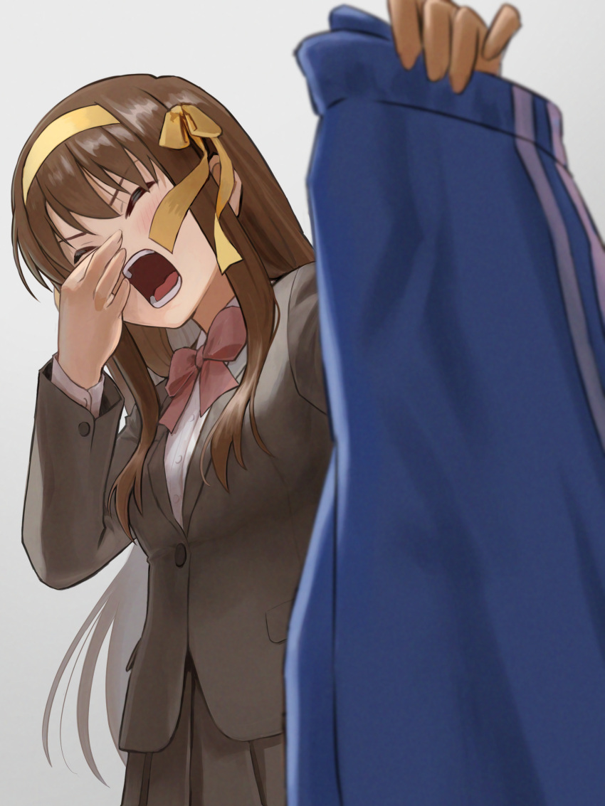 1girl absurdres blazer blue_pants bow bowtie brown_hair brown_jacket brown_skirt closed_eyes collared_shirt commentary_request hair_ribbon hairband highres holding holding_clothes holding_pants ishiyuki jacket kouyouen_academy_school_uniform long_hair long_sleeves official_alternate_costume official_alternate_hair_length official_alternate_hairstyle open_mouth pants pink_bow pink_bowtie ribbon school_uniform shirt skirt smelling smelling_clothes solo suzumiya_haruhi suzumiya_haruhi_no_shoushitsu suzumiya_haruhi_no_yuuutsu teeth white_shirt winter_uniform