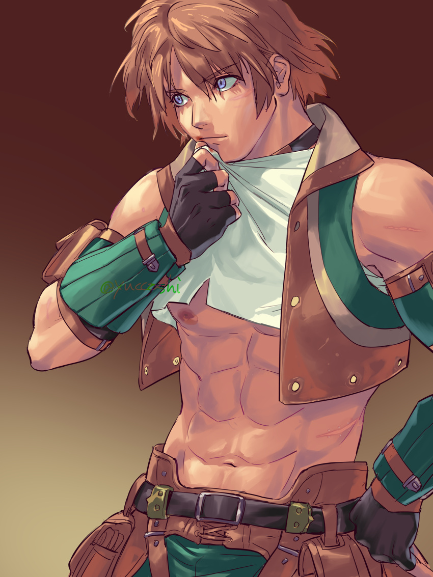 1boy abs adventurer_(ff11) bare_shoulders belt black_belt black_gloves blood blood_on_mouth blue_eyes brown_hair closed_mouth final_fantasy final_fantasy_xi fingerless_gloves gloves gradient_background hair_between_eyes hand_on_own_hip hand_up highres hume lifted_by_self male_focus navel nipples open_clothes open_vest shirt short_hair solo thief_(final_fantasy) twitter_username vest white_shirt wiping_blood yuccoshi