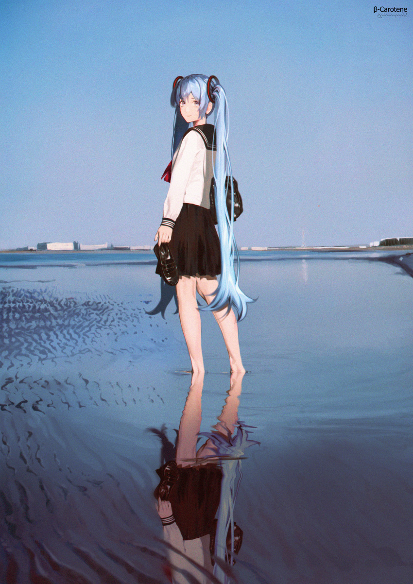 1girl absurdres aqua_hair bag black_bag black_footwear black_sailor_collar black_skirt blue_eyes blue_sky commentary english_commentary film_grain hatsune_miku highres holding holding_shoes horizon loafers long_hair long_sleeves looking_at_viewer lufi_ays neckerchief otose outdoors photo-referenced pleated_skirt red_neckerchief reflection reflective_water sailor_collar school_bag school_uniform serafuku shirt shoes shoulder_bag skirt sky solo twintails very_long_hair vocaloid wading white_shirt