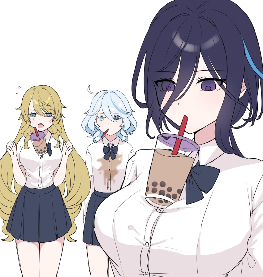 3girls :o ahoge alternate_costume blonde_hair blue_eyes blue_hair blue_skirt breasts bubble_tea bubble_tea_challenge clorinde_(genshin_impact) cowboy_shot cup disposable_cup drill_hair drill_sidelocks drinking drinking_straw flat_chest furina_(genshin_impact) genshin_impact highres large_breasts long_hair miniskirt mochi_mochi052 mouth_hold multiple_girls navia_(genshin_impact) no_headwear open_mouth pleated_skirt purple_hair school_uniform sidelocks simple_background skirt standing upper_body very_long_hair white_background