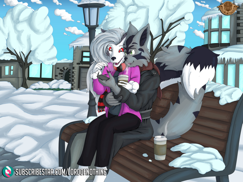 4:3 bench beverage breath_cloud building canid canid_demon coffee coffee_cup container cup demon domestic_cat electronics felid feline felis fluffy fluffy_tail fur green_eyes grey_body grey_fur grey_hair hair hellhound helluva_boss holding_coffee_cup holding_container holding_cup holding_object holding_phone house loona_(helluva_boss) lordofnothin1 mammal mark_morozov multicolored_body multicolored_fur on_lap phone plant red_eyes red_sclera sitting_on_bench sitting_on_lap snow street_lamp tail tree two_tone_body two_tone_fur white_body white_eyes white_fur winter winter_clothing