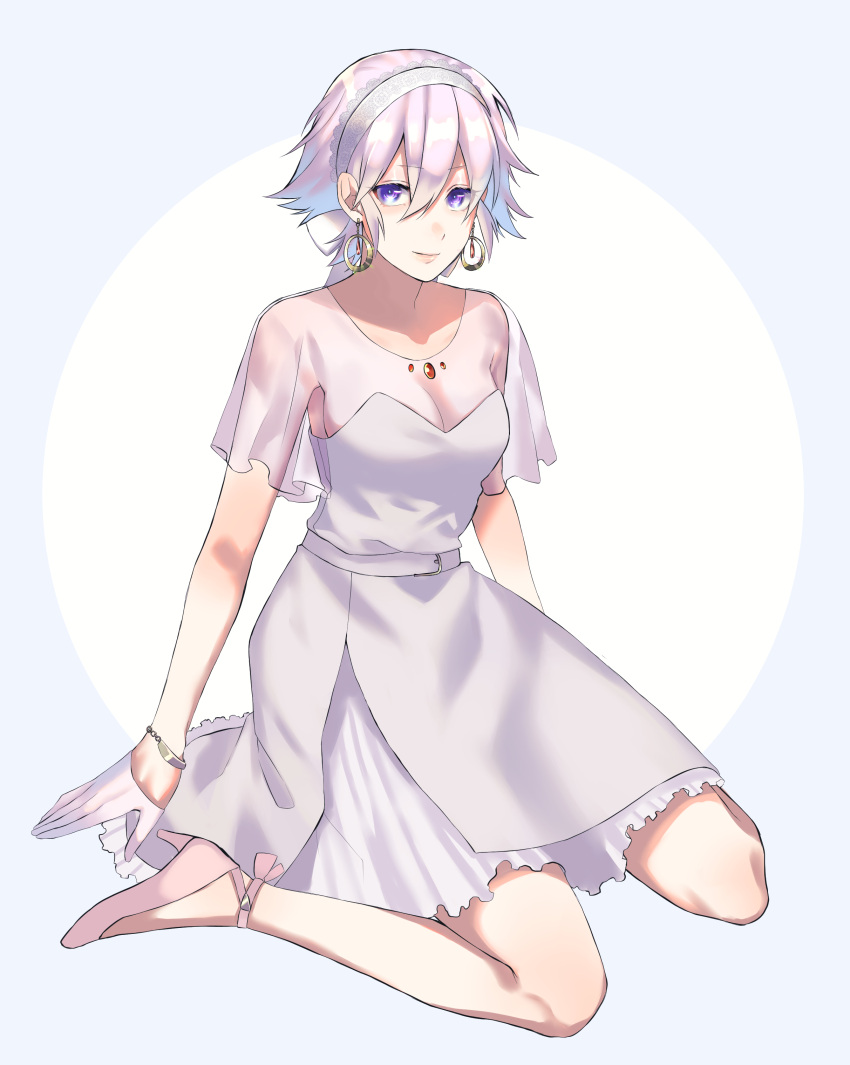 1girl absurdres bracelet breasts dress earrings ebippoid espeon frills full_body hairband high_heels highres jewelry looking_at_viewer personification pink_footwear pink_hair pokemon purple_eyes see-through sitting solo wariza white_dress white_hairband
