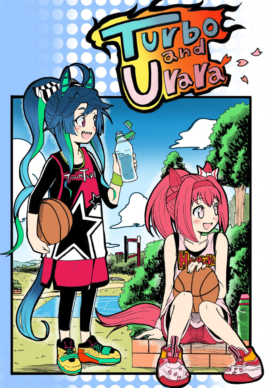 2girls animal_ears ball bare_arms bare_shoulders basketball_(object) black_leggings black_shirt blue_eyes blue_hair blue_sky bottle bow carrying carrying_under_arm character_name cloud commentary_request day ear_bow emapippi green_hair hairband haru_urara_(umamusume) heterochromia highres holding holding_ball holding_bottle horse_ears horse_girl horse_tail leggings long_sleeves multicolored_hair multiple_girls petals pink_eyes pink_hair pink_tank_top ponytail red_eyes red_hairband red_shorts shirt shoes short_shorts shorts sky sweatband tail tank_top tree twin_turbo_(umamusume) two-tone_hair umamusume water_bottle white_bow white_footwear wristband yellow_footwear