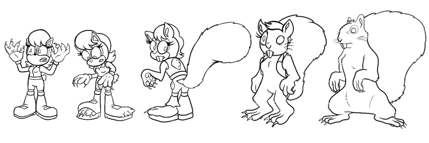 2021 3:1 anthro anthro_to_feral archie_comics buckteeth clothing dumbochumbo female feral greyscale growth mammal mental_change monochrome open_mouth rodent sally_acorn sciurid sega simple_background solo sonic_the_hedgehog_(archie) sonic_the_hedgehog_(comics) sonic_the_hedgehog_(series) tail tail_growth teeth torn_clothing transformation tree_squirrel white_background
