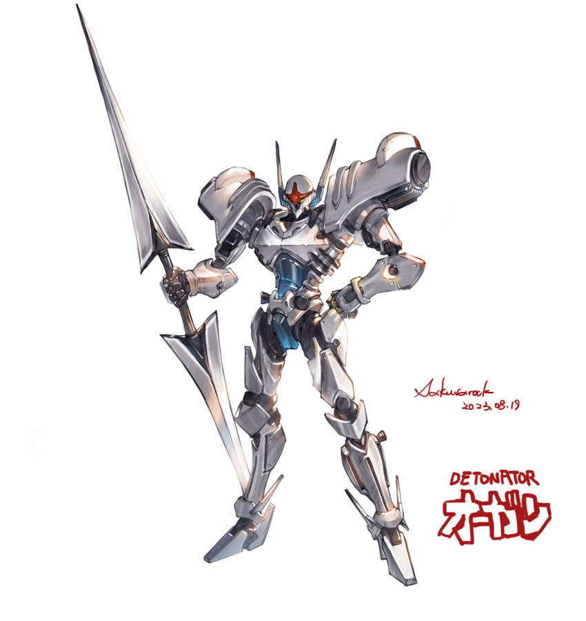 1990s_(style) armor armored_trooper commission detonator_orgun double-blade highres holding holding_weapon mecha orgun pixiv_commission polearm power_armor retro_artstyle robot sakura_rock science_fiction solo weapon