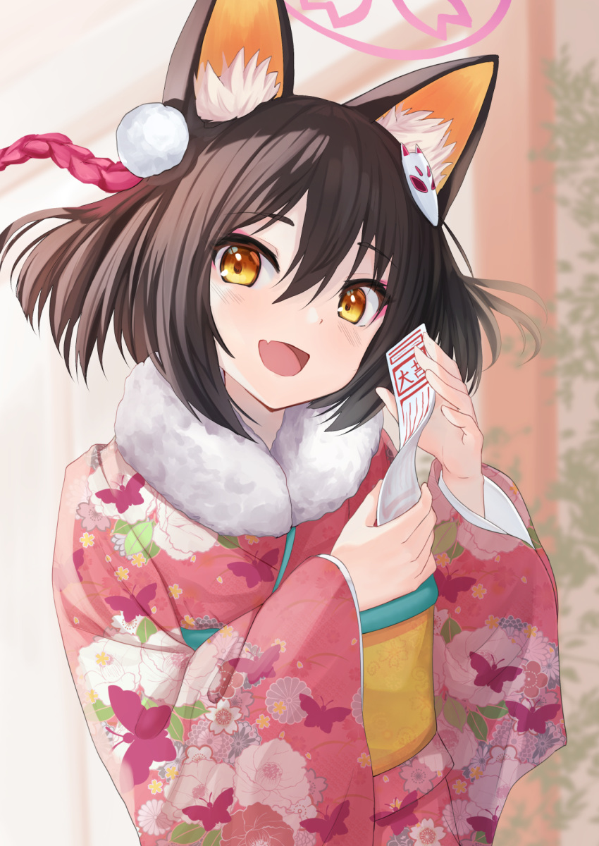 1girl akabane_hibame animal_ear_fluff animal_ears black_hair blue_archive blush fang floral_print fox_ears fur-trimmed_kimono fur_trim halo highres izuna_(blue_archive) japanese_clothes kimono long_sleeves looking_at_viewer obi omikuji open_mouth pink_halo pink_kimono print_kimono sash short_hair skin_fang smile solo wide_sleeves yellow_eyes