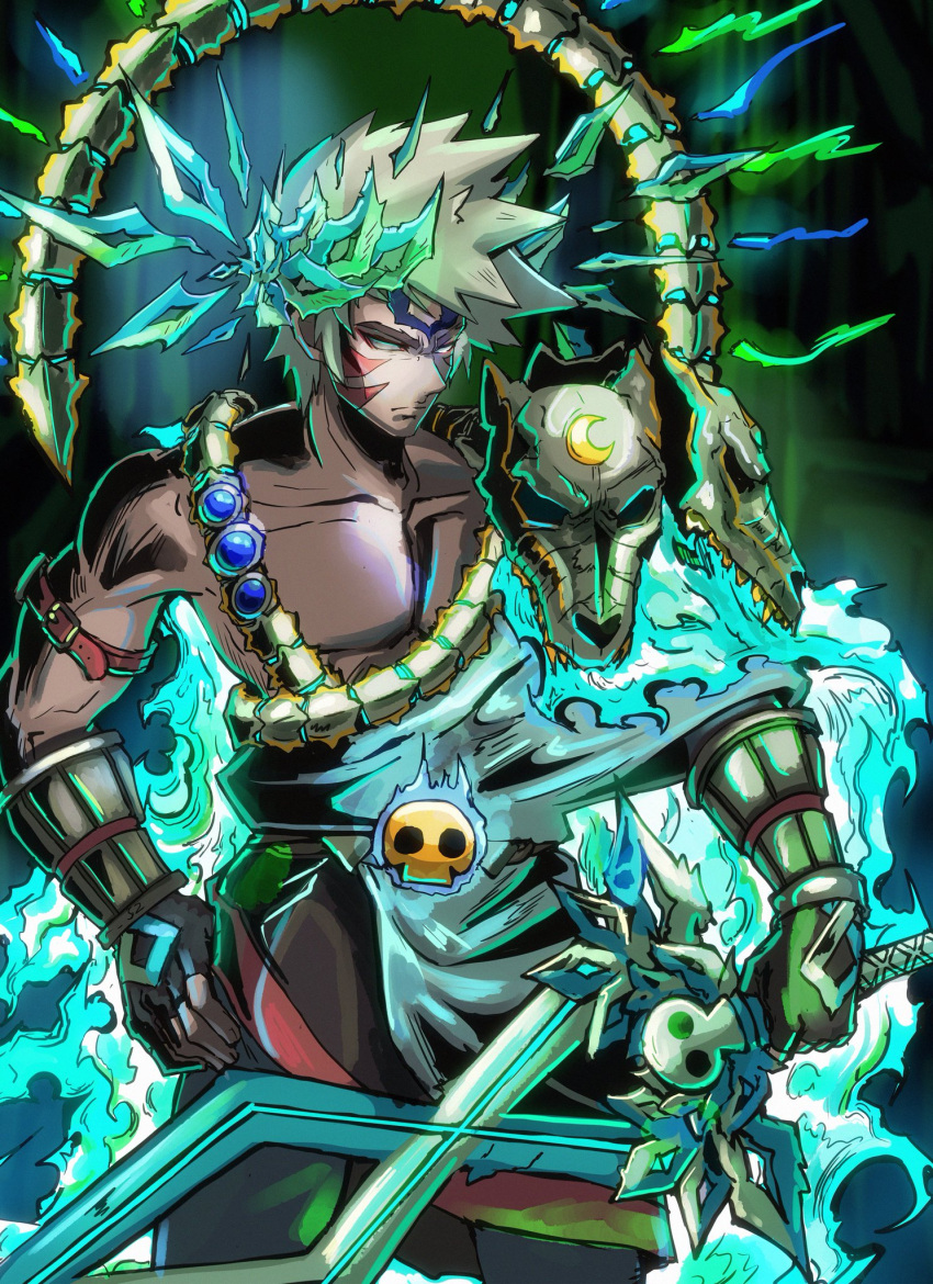 abs alternate_costume alternate_eye_color alternate_hair_color alternate_weapon arm_guards armor aura blue_gemstone corruption crescent crossover crystal dark_persona double_helix facial_tattoo fierce_deity fingerless_gloves fire frown gem gloves hades_(series) hades_1 highres holding holding_sword holding_weapon pants possessed short_hair single_bare_shoulder skull stoic_seraphim sword tattoo the_legend_of_zelda the_legend_of_zelda:_majora's_mask weapon white_eyes white_hair zagreus_(hades)