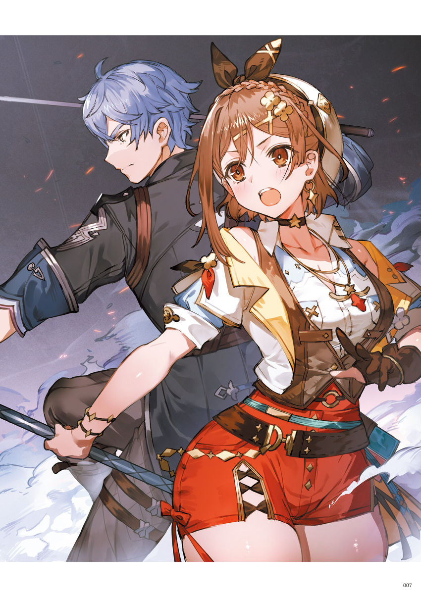 1boy 1girl atelier_(series) atelier_ryza atelier_ryza_3 belt beret bos_brunnen bracelet brown_eyes brown_hair choker collarbone hair_ornament hairclip hat highres holding jewelry official_art open_mouth reisalin_stout short_sleeves shorts toridamono