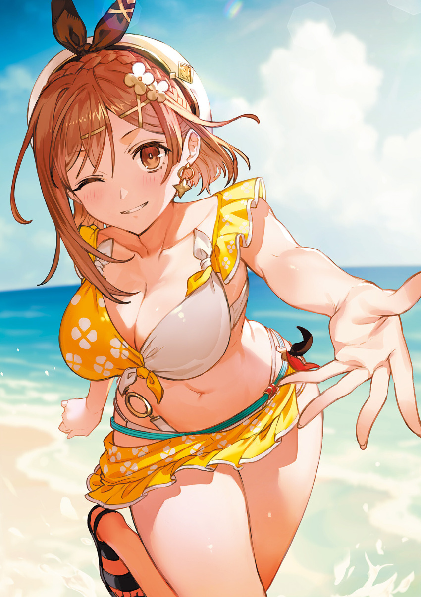 1girl atelier_(series) atelier_ryza atelier_ryza_3 beret bikini blue_sky blush braid breasts brown_eyes brown_hair closed_mouth cloud cloudy_sky collarbone day earrings hair_ornament hairclip hat highres jewelry leg_up looking_at_viewer medium_breasts medium_hair navel o-ring o-ring_bikini ocean official_art one_eye_closed outdoors outstretched_hand parted_lips reisalin_stout sandals shore sky smile solo splashing stomach swimsuit teeth thighs toeless_footwear toes toridamono water x_hair_ornament