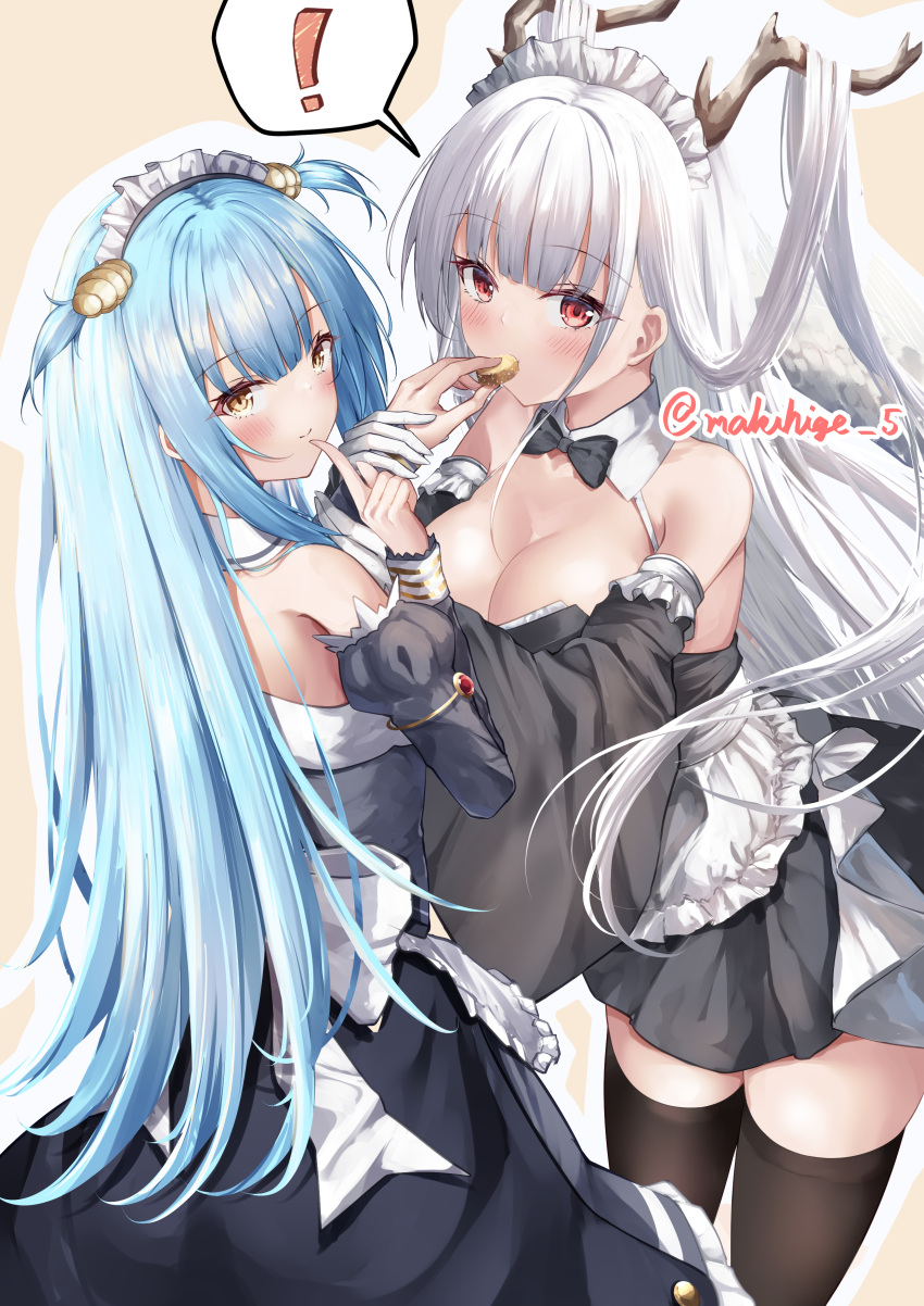 ! 2girls absurdres apron artist_name azur_lane bare_shoulders black_dress black_thighhighs blue_hair breasts clam_shell cleavage dragon_horns dress finger_to_mouth gloves hair_on_horn highres horns large_breasts long_hair looking_at_viewer maid maid_headdress makihige multiple_girls neptune_(azur_lane) official_alternate_costume red_eyes shell_hair_ornament shimanto_(azur_lane) shimanto_(the_comfy_dragon_god)_(azur_lane) simple_background speech_bubble spoken_exclamation_mark thighhighs very_long_hair waist_apron white_apron white_gloves white_hair yellow_eyes zettai_ryouiki
