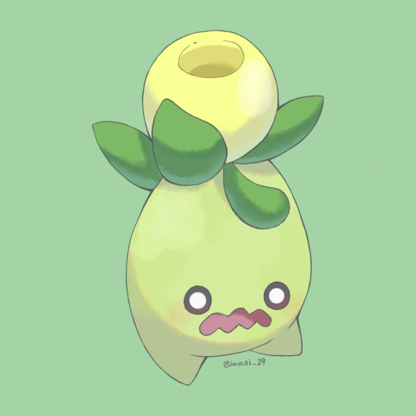 animal_focus artist_name black_eyes blush colored_skin commentary_request green_background green_skin highres iwasi_29 leaf no_humans olive open_mouth pokemon pokemon_(creature) simple_background smoliv twitter_username wavy_mouth