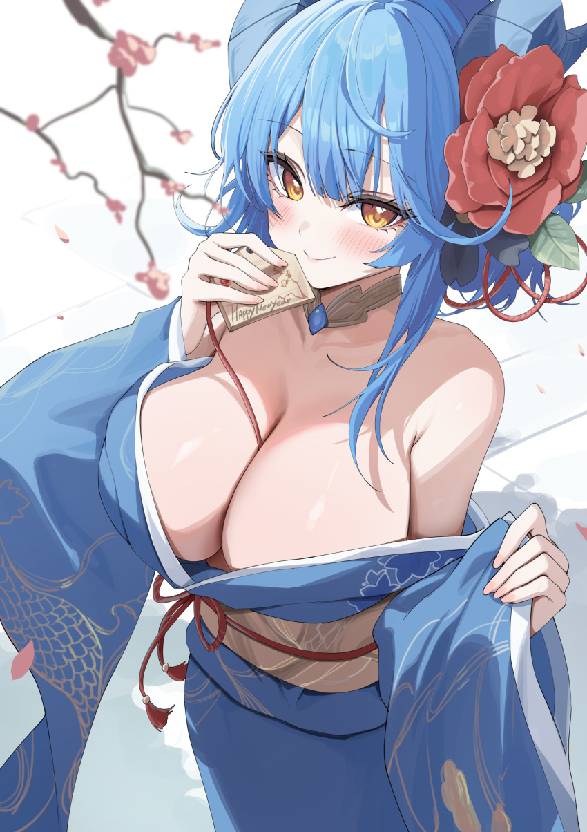 1girl bare_shoulders blue_hair blue_kimono branch breasts cleavage dragon_horns highres holding horns japanese_clothes kimono large_breasts long_sleeves original solo wide_sleeves yampa yellow_eyes