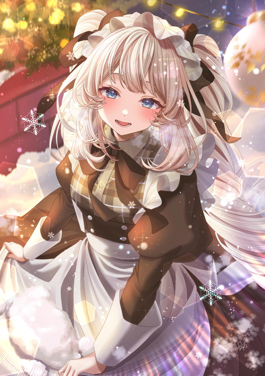 1girl absurdres apron black_bow black_bowtie black_dress black_ribbon blue_eyes bow bowtie breath christmas_lights christmas_ornaments commentary dress fate/grand_order fate_(series) grey_hair highres long_hair maid marie_antoinette_(fate) open_mouth plaid puffy_sleeves ribbon snow snowflakes snowing solo symbol-only_commentary teeth totomiya twintails white_apron