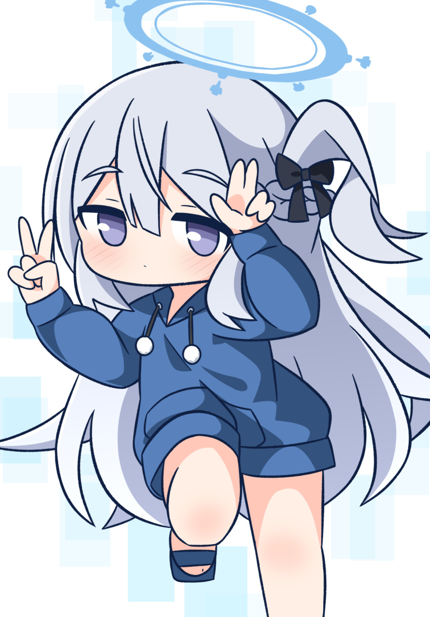 1girl blue_archive blue_footwear blue_hoodie blush braid chibi closed_mouth commentary_request double_v feet_out_of_frame grey_background grey_hair hair_between_eyes halo hana_kazari hands_up highres hood hood_down hoodie long_hair long_sleeves looking_at_viewer miyako_(blue_archive) one_side_up puffy_long_sleeves puffy_sleeves purple_eyes sandals solo thick_eyebrows v very_long_hair