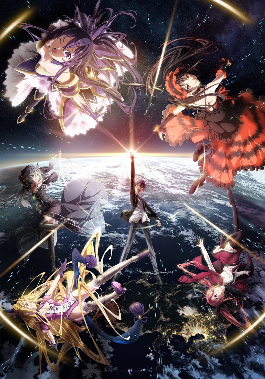 1boy 5girls above_clouds absurdres blonde_hair city_lights cloud cloudy_sky date_a_live earth_(planet) eyebrows_visible_through_hair floating_hair hair_between_eyes heterochromia highres honjou_nia hoshimiya_mukuro itsuka_kotori itsuka_shidou key_visual long_hair looking_at_another looking_at_viewer multiple_girls official_art one_eye_closed open_mouth planet promotional_art purple_eyes purple_hair red_eyes red_hair short_hair sky smile space star_(sky) starry_sky sunrise tokisaki_kurumi very_long_hair yatogami_tooka