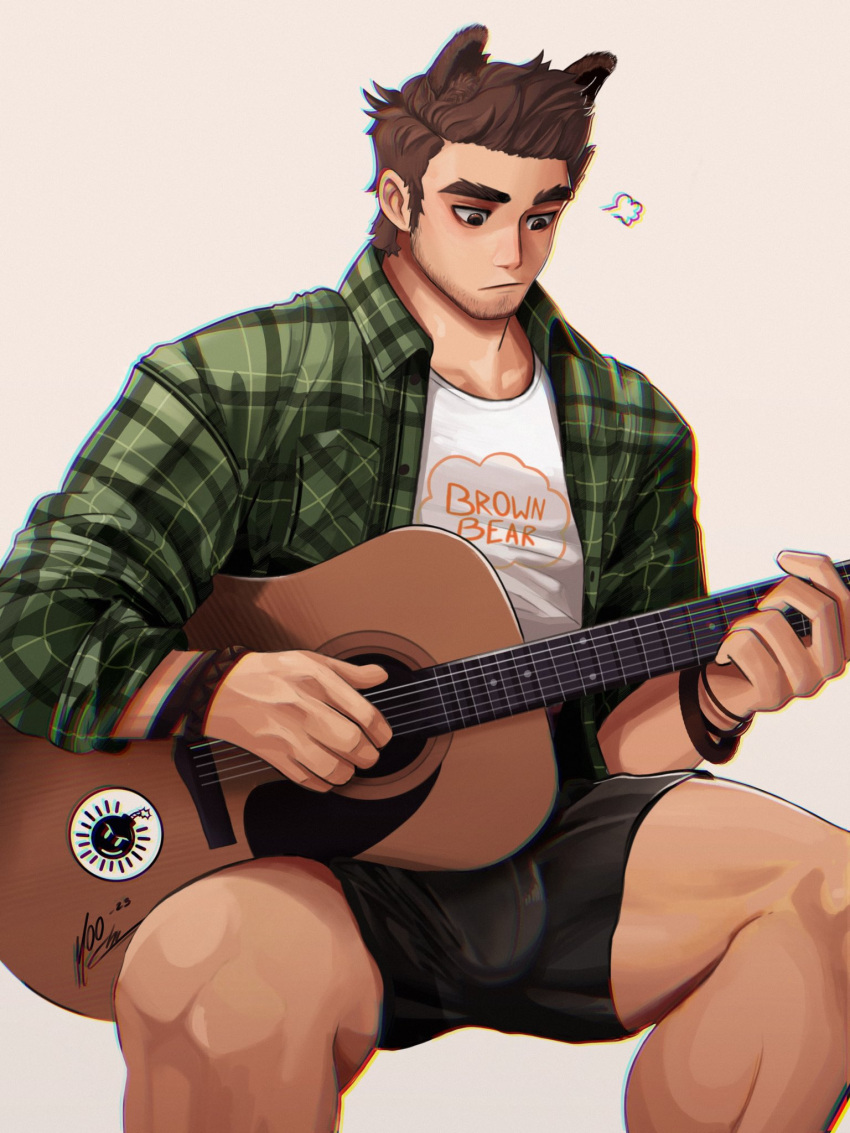 1boy animal_ears bara beard_stubble black_shorts brown_hair bulge chris_(moo_fino) collared_shirt dog_ears feet_out_of_frame forked_eyebrows guitar highres holding holding_guitar holding_instrument instrument invisible_chair kemonomimi_mode long_sideburns male_focus scott_pilgrim_(series) scott_pilgrim_takes_off shirt short_hair short_shorts shorts sideburns sigh sitting solo sparse_stubble stephen_stills thick_eyebrows thighs toned toned_male