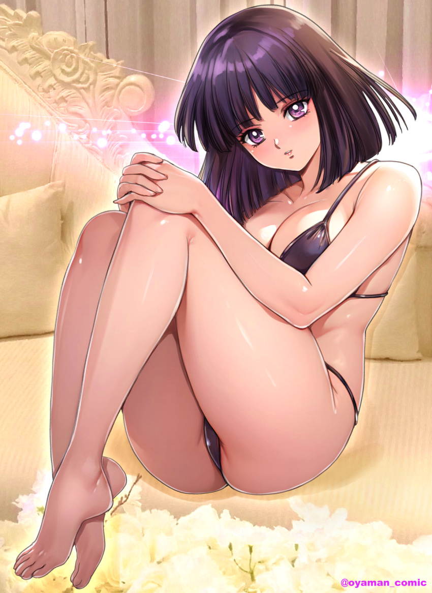 ass bare_shoulders barefoot bed bikini bishoujo_senshi_sailor_moon black_bikini black_hair blunt_bangs blunt_ends breasts cleavage collarbone highres indoors lips looking_at_viewer medium_hair oyaman swimsuit tomoe_hotaru