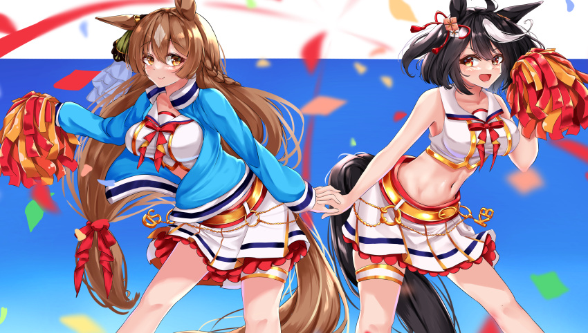 2girls absurdres animal_ears belt black_hair blue_jacket braid brown_eyes brown_hair cheerleader commentary confetti cosplay cropped_shirt ear_scrunchie green_scrunchie hair_ribbon highres holding holding_hands holding_pom_poms horse_ears horse_girl horse_tail interlocked_fingers jacket kitasan_black_(umamusume) leaning_forward long_hair long_sleeves looking_at_viewer low-tied_long_hair miniskirt multicolored_hair multiple_girls neck_ribbon nice_nature_(run&amp;win)_(umamusume) nice_nature_(umamusume) nice_nature_(umamusume)_(cosplay) open_clothes open_jacket pleated_skirt pom_pom_(cheerleading) red_eyes red_ribbon ribbon sailor_collar satono_diamond_(umamusume) scrunchie shirt short_hair skirt sleeveless sleeveless_shirt standing streamers tabunshake tail thigh_strap track_jacket two-tone_hair two_side_up umamusume very_long_hair white_hair white_sailor_collar white_shirt white_skirt yellow_belt