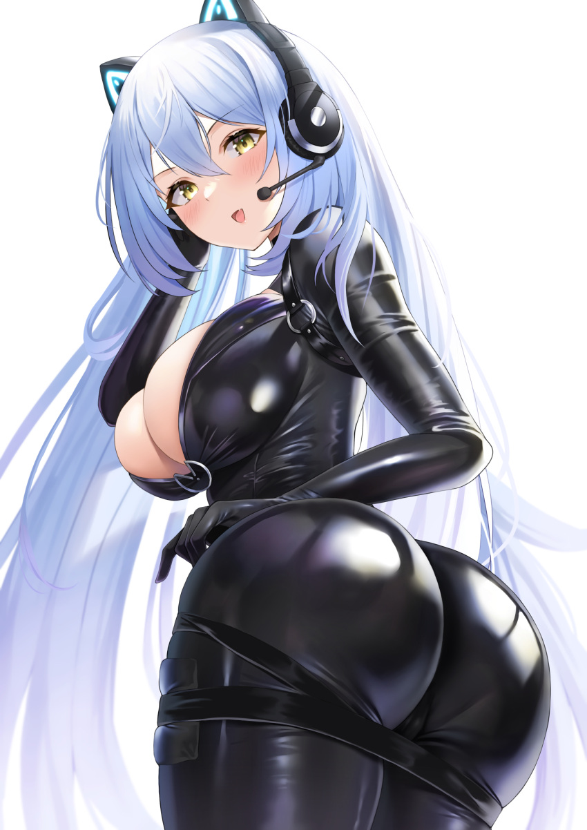 1girl animal_ear_headphones arkhangelsk_(azur_lane) ass azur_lane biker_clothes blush bodysuit breasts cleavage futon_fly_away highres large_breasts long_hair looking_at_viewer open_mouth silver_hair simple_background solo twisted_torso very_long_hair white_background yellow_eyes