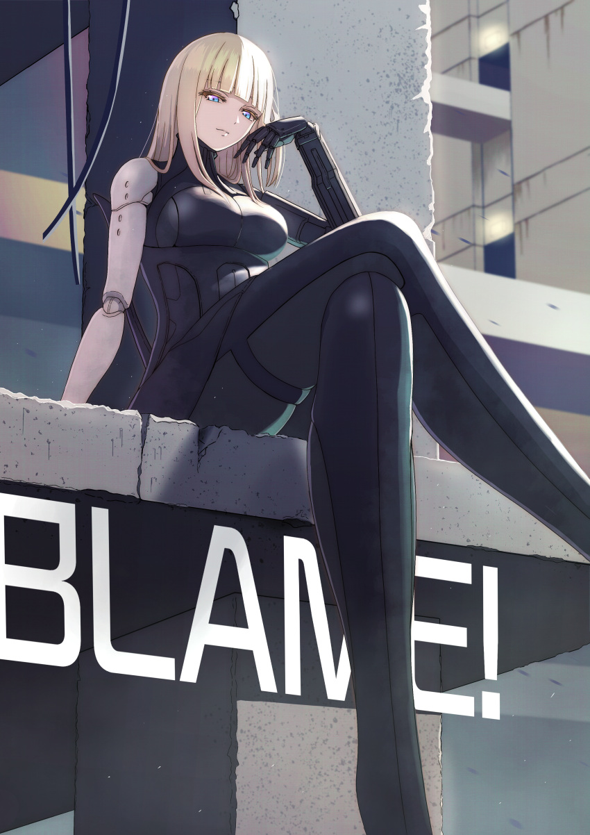 1girl absurdres arema blame! blonde_hair blue_eyes blunt_bangs breasts cibo concrete copyright_name crossed_legs cyberpunk cyborg hand_up highres joints large_breasts long_hair long_legs mechanical_arms no_humans robot_joints science_fiction solo tall_female