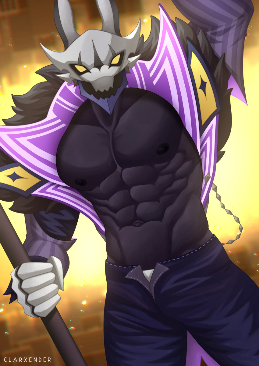 2023 5_fingers abs absurd_res anthro armor ascended black_body black_nipples black_skin blue_bottomwear blue_clothing blue_pants bottomwear canid canine canis clarxender claw_fingers clothing detailed_background digital_drawing_(artwork) digital_media_(artwork) dream_raider_nasus empty_eyes fingers fur_collar headgear helmet hi_res holding_object jackal jacket league_of_legends looking_at_viewer male mammal multicolored_clothing multicolored_helmet multicolored_jacket multicolored_topwear muscular muscular_anthro muscular_male nasus_(lol) navel nipples open_mouth pants pecs presenting raised_arm riot_games signature solo staff topwear underwear unzipped unzipped_pants white_clothing white_fingers white_underwear yellow_eyes zipper