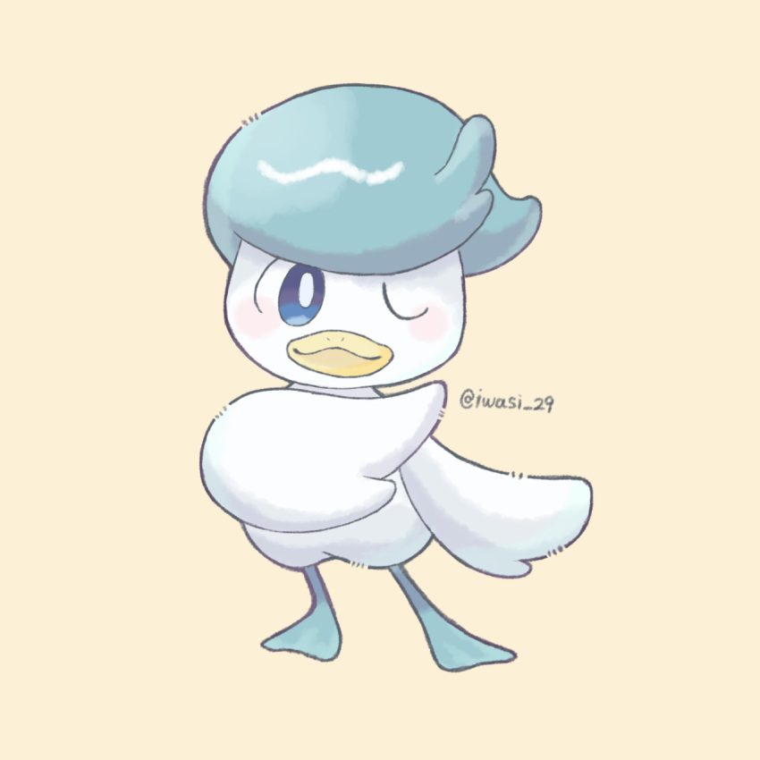 animal_focus artist_name bird blue_eyes blue_hair bright_pupils closed_mouth colored_skin commentary_request duck highres iwasi_29 no_humans one_eye_closed pokemon pokemon_(creature) quaxly simple_background twitter_username webbed_feet white_skin yellow_background