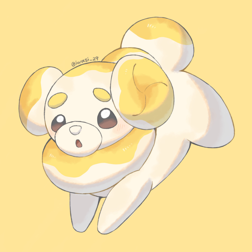 animal_focus artist_name blush brown_eyes colored_skin commentary_request fidough highres iwasi_29 multicolored_skin no_humans open_mouth pokemon pokemon_(creature) simple_background tail twitter_username two-tone_skin white_skin yellow_background yellow_skin
