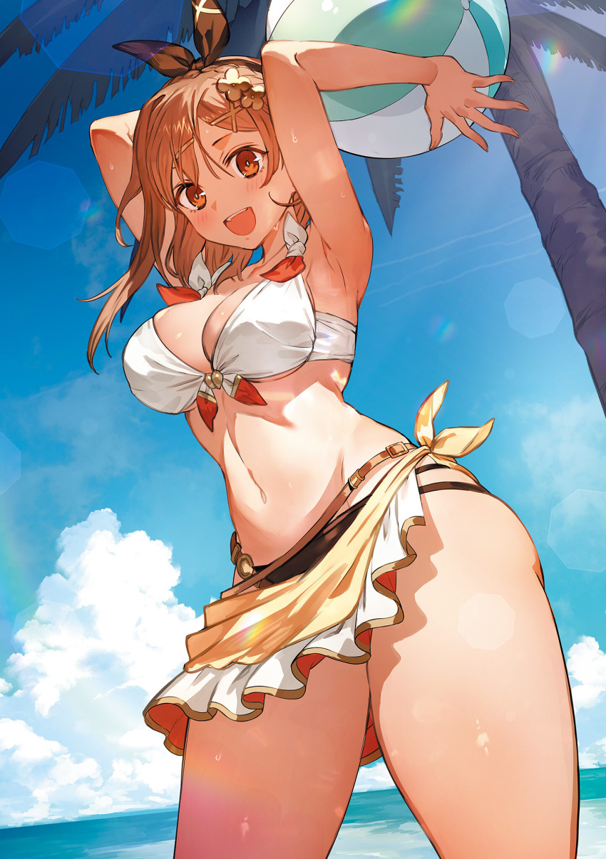 1girl :d armpits arms_up atelier_(series) atelier_ryza atelier_ryza_3 ball beachball bikini blue_sky blush braid breasts brown_eyes brown_hair closed_mouth cloud cloudy_sky collarbone day fingernails hair_ornament hairclip highres holding lens_flare looking_at_viewer medium_breasts medium_hair navel ocean official_art open_mouth outdoors palm_tree reisalin_stout shiny_skin simple_background sky smile solo stomach sweat sweatdrop swimsuit teeth thighs toridamono tree upper_teeth_only water x_hair_ornament