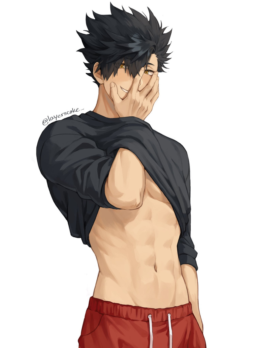 1boy abs black_hair black_shirt blush clothes_lift covering_mouth guilty_challenge_(meme) haikyuu!! hair_between_eyes hand_in_clothes hand_over_own_mouth hand_under_clothes hand_under_shirt highres kuroo_tetsurou layerscake looking_at_viewer male_focus meme muscular muscular_male navel orange_eyes pants shirt shirt_lift short_hair short_sleeves simple_background smile spiked_hair stomach sweatpants t-shirt