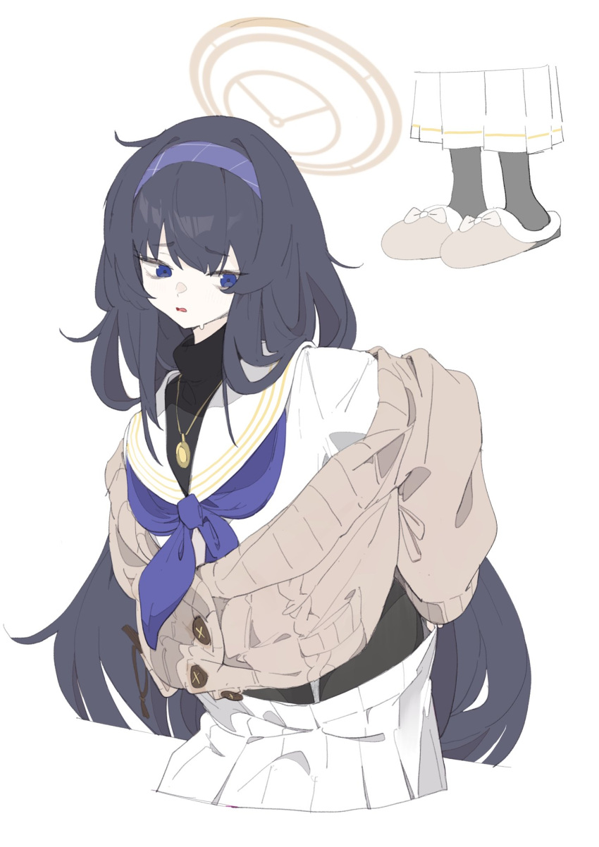 1girl bangs black_hair blue_archive blue_eyes blue_hairband blue_neckwear cardigan eyebrows_visible_through_hair hairband highres jewelry long_hair long_sleeves multiple_views neckerchief necklace ocha_(popopogg) parted_lips sailor_collar school_uniform serafuku simple_background skirt slippers solo sweat twintails ui_(blue_archive) very_long_hair white_background white_sailor_collar white_skirt