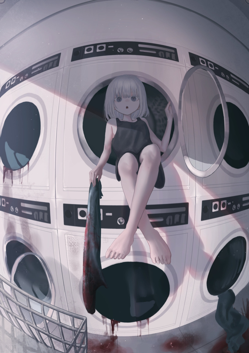 1girl absurdres barefoot black_shirt black_shorts blood blood_on_clothes blood_on_ground blunt_bangs child clothes fisheye full_body grey_eyes guro highres holding holding_clothes implied_murder indoors kyano_(kyanora3141) laundromat light_particles looking_at_viewer medium_hair open_mouth original pool_of_blood shirt shorts sitting solo tile_floor tiles washing_machine white_hair