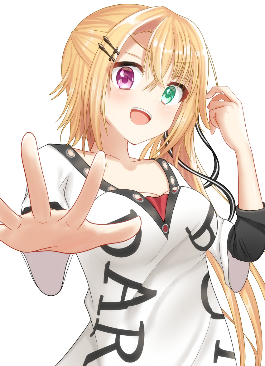 1girl :d absurdres black_ribbon blonde_hair blush breasts casual chuunibyou clothes_writing collarbone commentary crossed_bangs fzwprhf3aj45658 green_eyes hair_between_eyes hair_ornament hair_ribbon hairclip hand_up heterochromia highres long_hair looking_at_viewer medium_breasts oogaki_hinata open_hand open_mouth otome_domain purple_eyes ribbon shirt short_sleeves side_ponytail simple_background smile solo teeth upper_body upper_teeth_only v-shaped_eyebrows very_long_hair white_background white_shirt