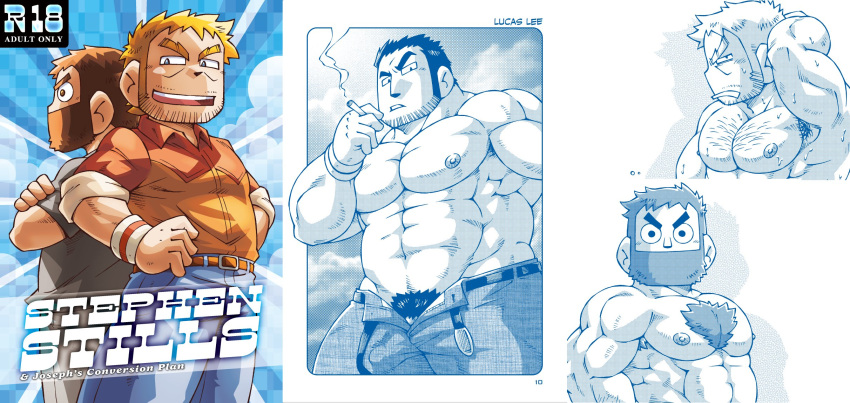 2boys abs alternate_muscle_size armpit_hair armpit_hair_peek back-to-back bara beard beard_stubble blue_theme blush chest_hair cigarette collared_shirt couple cover cover_page covered_penis cross-section doujin_cover english_commentary facial_hair feet_out_of_frame forked_eyebrows from_below full_beard hands_on_own_hips highres holding holding_cigarette joseph_(scott_pilgrim) large_pectorals long_sideburns lucas_lee male_focus male_pubic_hair monochrome multiple_boys muscular muscular_male mustache_stubble navel nipples no_male_underwear noda_gaku open_fly paid_reward_available pectorals penis penis_peek pubic_hair pubic_hair_peek scott_pilgrim_(series) scott_pilgrim_takes_off second-party_source shirt short_hair shy sideburns sparse_stubble stephen_stills stomach strongman_waist thick_beard thick_chest_hair thick_eyebrows topless_male v-shaped_eyebrows yaoi