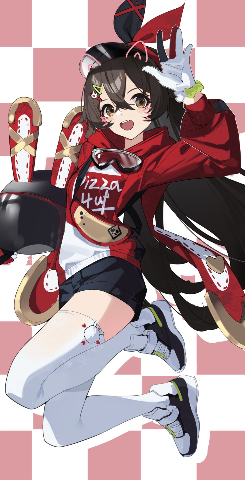 1girl absurdres amber_(genshin_impact) amber_(pizza_hut)_(genshin_impact) arm_up black_hair black_headwear black_shorts brown_eyes checkered_background genshin_impact gloves hair_between_eyes hair_ornament hairclip highres hood hood_down hoodie long_hair long_sleeves puffy_long_sleeves puffy_sleeves qtian rabbit_hair_ornament red_hoodie shoes short_shorts shorts solo thighhighs very_long_hair white_footwear white_gloves white_thighhighs