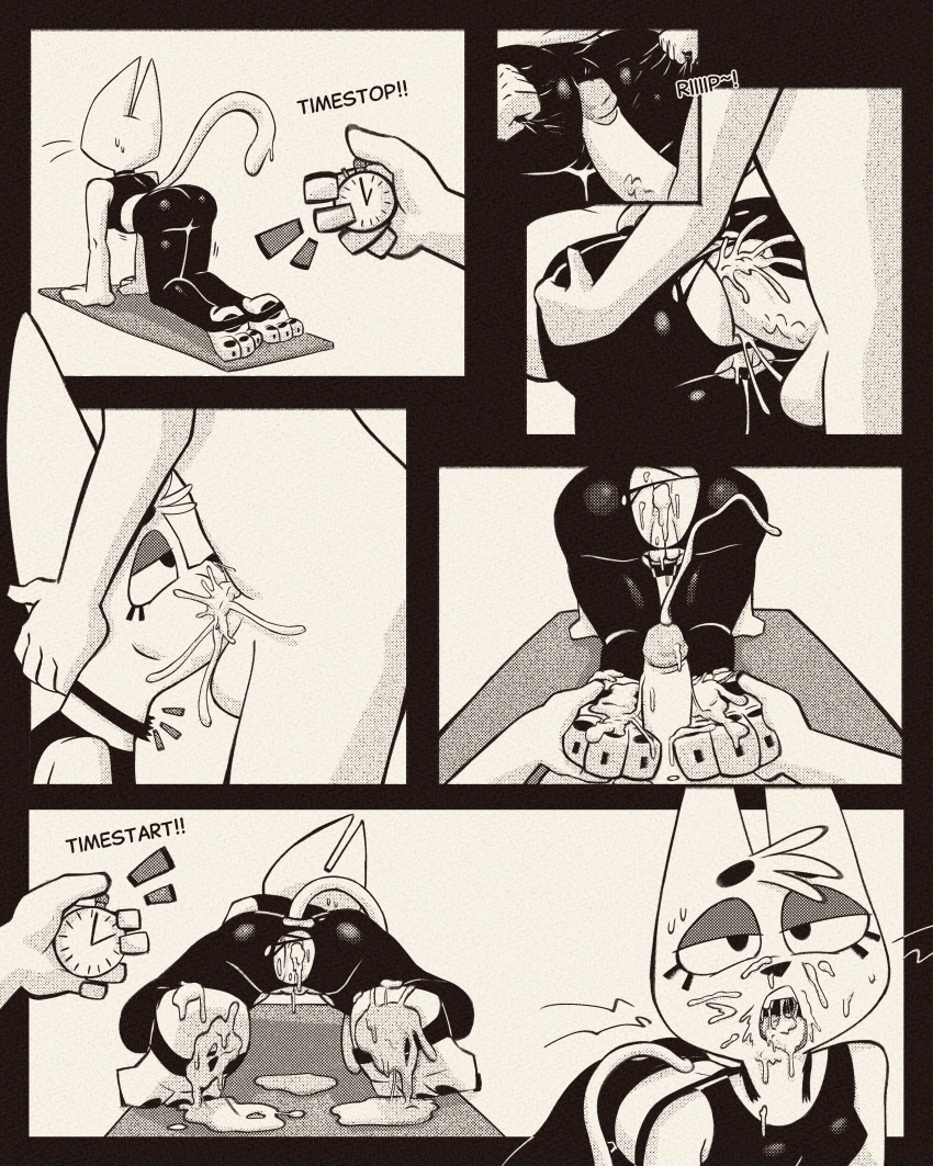 absurd_res anal anthro black_and_white bodily_fluids bottomwear butt choker clock clothed clothing comic cum cum_drip cum_in_ass cum_in_mouth cum_inside cum_on_butt cum_on_face cum_on_feet cum_on_ground cum_on_penis cum_on_tongue domestic_cat dripping duo ejaculation erection excessive_cum excessive_genital_fluids eyelashes feet felid feline felis female female_penetrated genital_fluids genitals half-closed_eyes halftone hi_res huge_filesize humanoid_genitalia humanoid_penis jewelry leaking_cum male male/female male_penetrating male_penetrating_female mammal meme monochrome narrowed_eyes necklace nude one_page_comic open_mouth oral pants penetration penis pussy sex sexylinguini simple_background solo_focus stirrup_legwear stopwatch tail time_stop tongue tongue_out torn_clothing until_it_snaps watch whiskers yoga yoga_mat yoga_pants