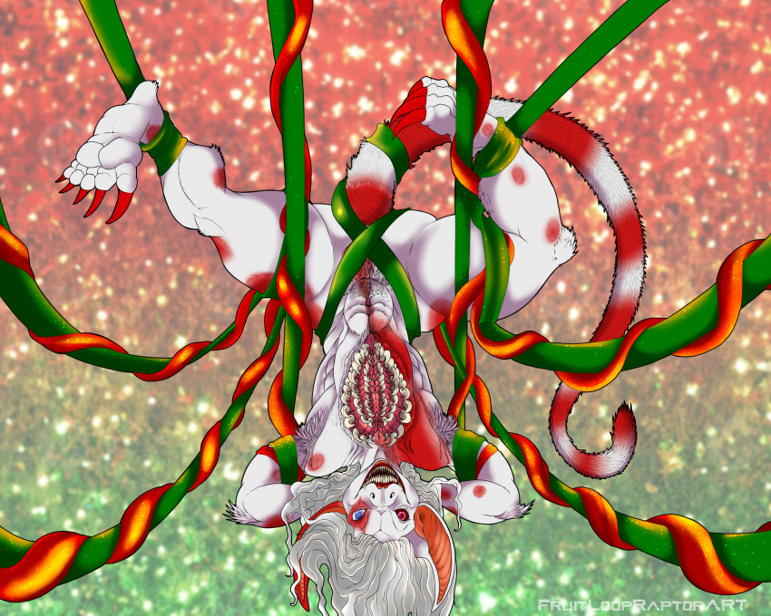 2023 alien anthro bdsm bondage bound christmas claws female fennah fruitybootyraptor fur heterochromia hi_res holidays kivouackian light_bondage lucy_lacemaker red_body red_fur satellite_city sharp_teeth solo teeth toe_claws unusual_mouth_placement upside_down white_body white_fur