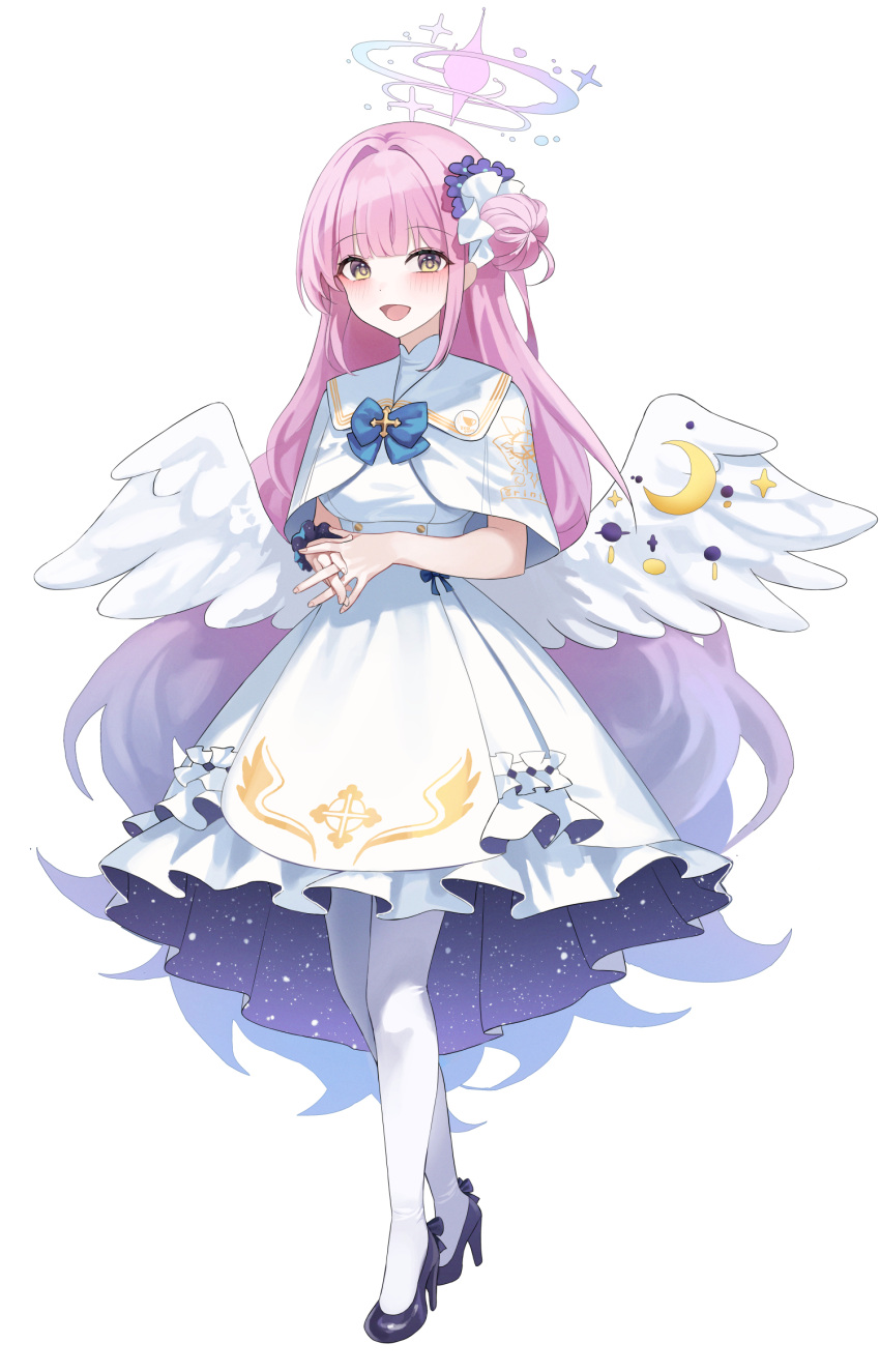 1girl angel_wings black_footwear blue_archive blush capelet crescent crescent_pin dress feathered_wings flower frilled_dress frills hair_bun hair_flower hair_ornament halo high_heels highres long_hair looking_at_viewer mika_(blue_archive) open_mouth pantyhose pink_hair pink_halo purple_flower simple_background single_side_bun smile solo white_background white_capelet white_dress white_pantyhose white_wings wings yellow_eyes zuu_1730