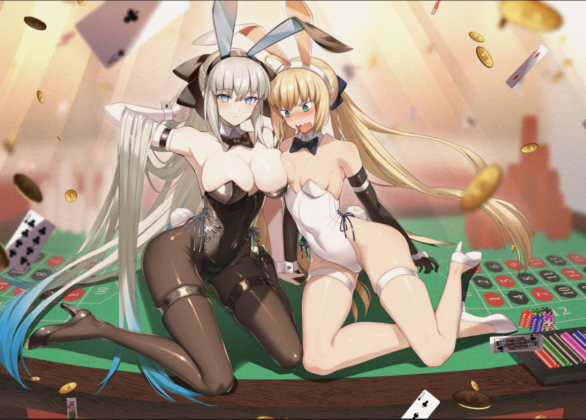 2girls animal_ears arm_strap artoria_caster_(fate) artoria_pendragon_(fate) bare_shoulders black_bow black_bowtie black_footwear black_gloves black_leotard black_pantyhose blonde_hair blue_eyes blush bow bowtie breast_envy breasts card cluseller coin covered_navel detached_collar elbow_gloves fake_animal_ears fate/grand_order fate_(series) gloves gold_coin green_eyes hair_ribbon hand_in_own_hair high_heels highleg highleg_leotard large_breasts leotard long_hair looking_at_another looking_at_viewer morgan_le_fay_(fate) multiple_girls on_table open_mouth pantyhose playboy_bunny playing_card rabbit_ears ribbon roulette_table shoes side-tie_leotard small_breasts strapless strapless_leotard table thigh_strap very_long_hair white_footwear white_leotard wrist_cuffs