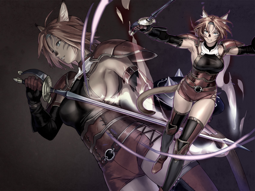 1girl adventurer_(ff11) animal_ear_fluff animal_ears armor black_gloves breasts cat_ears cat_girl cat_tail elbow_gloves facial_mark final_fantasy final_fantasy_xi fingerless_gloves gloves grey_headband headband highres holding holding_sword holding_weapon medium_breasts mithra_(ff11) no_bra no_eyebrows parted_lips red_armor red_gloves red_hair red_shorts scorpion_harness short_hair short_shorts shorts shoulder_armor sideboob smile sword tail thighhighs two-tone_gloves weapon whisker_markings white_eyes yuccoshi