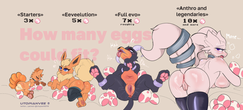 3_toes animal_genitalia anthro birth blue_eyes blush bodily_fluids breasts butt canid canine clothing dragon eeveelution egg english_text eyes_closed feet female feral flareon fur generation_1_pokemon generation_2_pokemon generation_5_pokemon genital_fluids genitals group hi_res houndoom latex latex_clothing latex_legwear legendary_pokemon legwear looking_at_viewer mammal multi_tail nintendo nude open_mouth oviposition pokemon pokemon_(species) pokemon_egg pregnant pregnant_female pregnant_feral presenting presenting_hindquarters presenting_pussy pussy rear_view reshiram simple_background stockings tail text thigh_highs toes tongue tongue_out utopianvee vulpix white_body white_fur