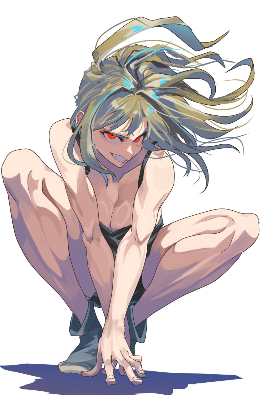 1girl breasts character_request cleavage copyright_request green_hair highres large_breasts long_hair muscular muscular_female rasetsu001 red_eyes sharp_teeth shoes shorts simple_background solo spaghetti_strap squatting teeth toned white_background