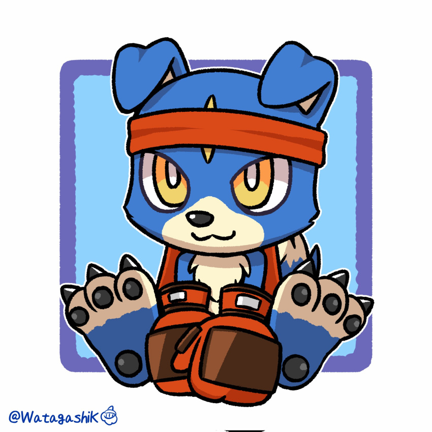 accessory anthro bandai_namco blue_body blue_fur boxing_gloves canid canine claws clothing digimon digimon_(species) fur gaomon handwear headband hi_res male mammal pawpads red_clothing signature sitting solo watagashikn yellow_eyes