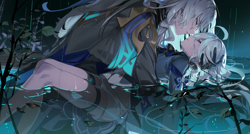 1boy 1girl absurdres ahoge ascot black_ascot black_gloves blue_hair blue_jacket closed_eyes furina_(genshin_impact) genshin_impact gloves hair_between_eyes hand_on_another's_head highres jacket leaf legs light_blue_hair long_hair looking_at_another mona0101 multicolored_hair neuvillette_(genshin_impact) outdoors parted_lips purple_eyes rain red_pupils shorts sidelocks streaked_hair two-tone_hair water water_drop wet wet_clothes wet_hair white_ascot white_eyes white_hair white_shorts