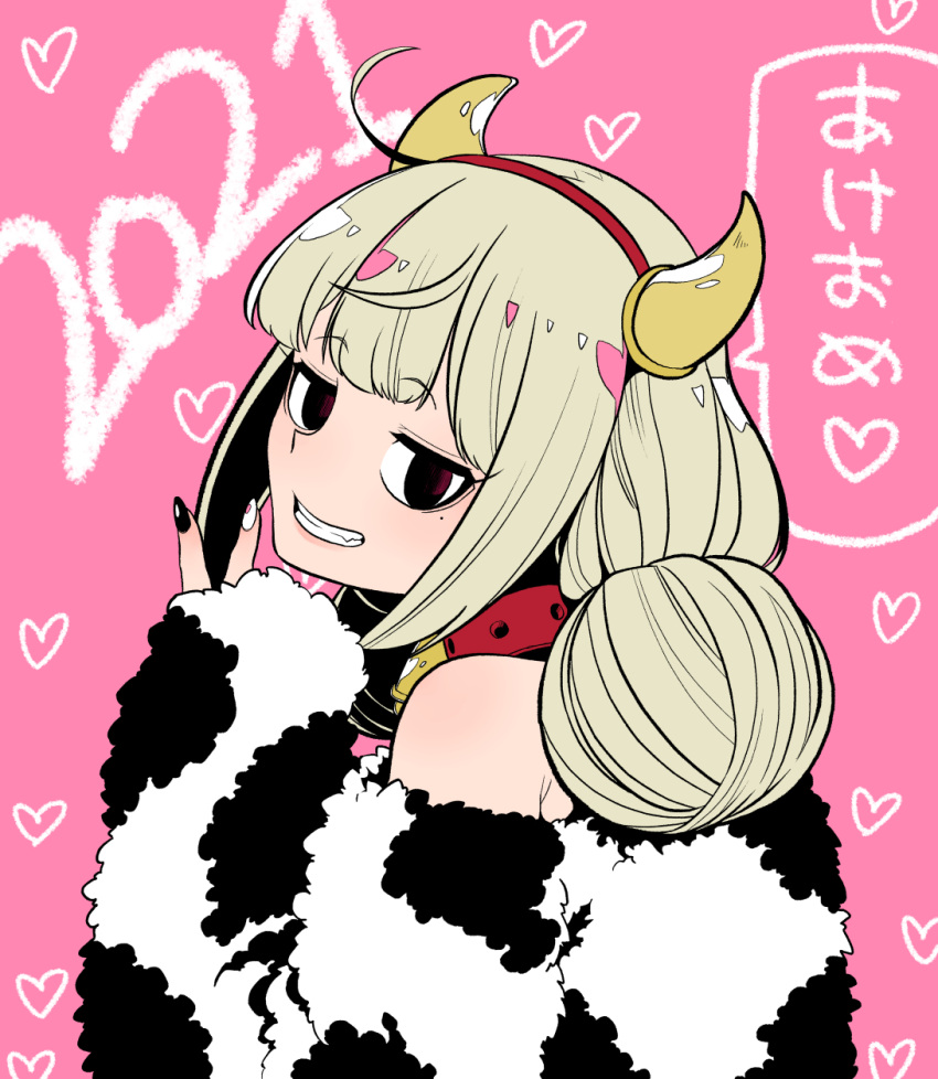 2021 ahoge akeome animal_print araga_kiwi bell blonde_hair chinese_zodiac collar cow_horns cow_print cowbell double_bun hair_bun hand_up happy_new_year highres horns mahou_shoujo_ni_akogarete off-shoulder_sweater off_shoulder official_art ononaka_akihiro pink_background pink_eyes red_collar sidelocks simple_background sweater translated year_of_the_ox