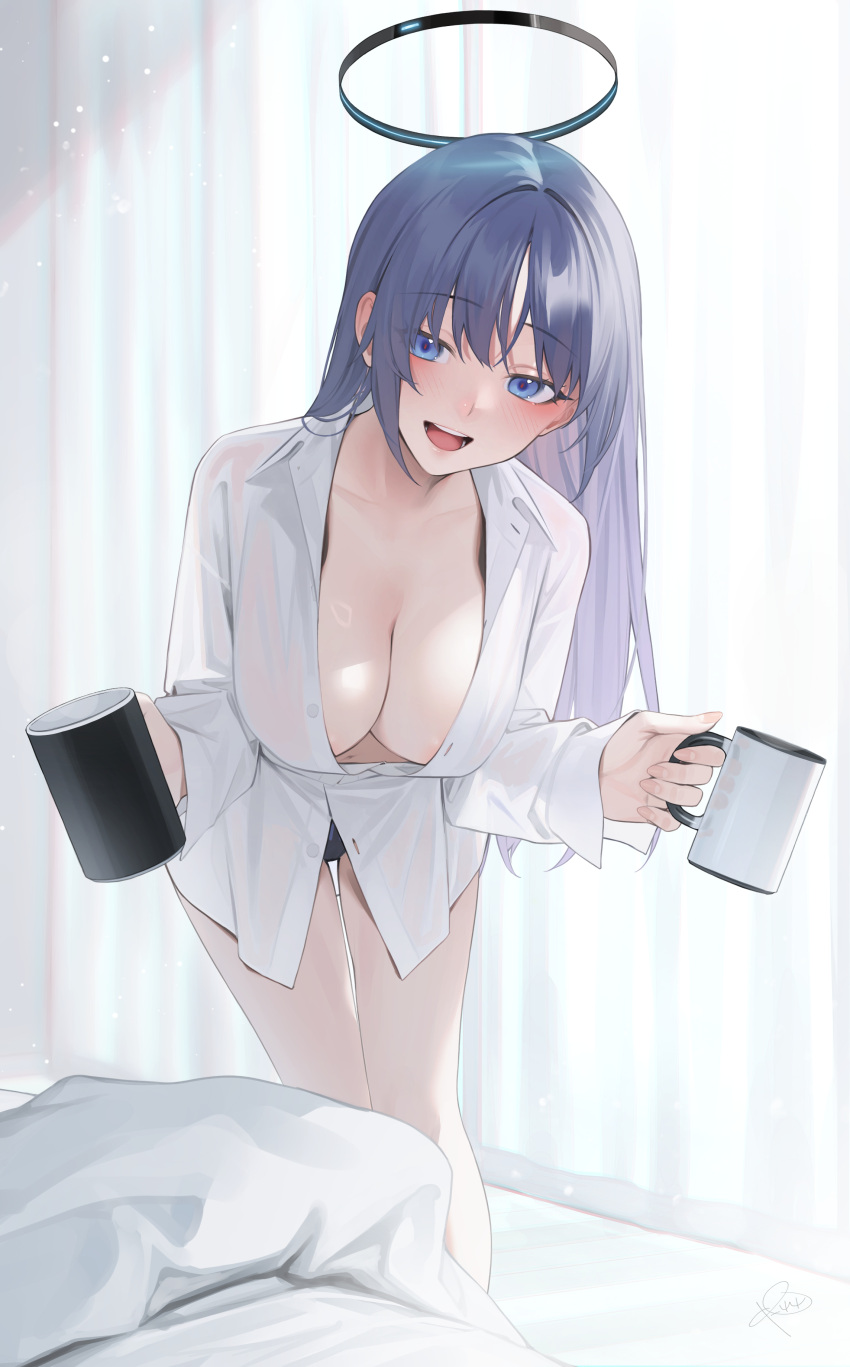 1girl absurdres bed_sheet bedside black_panties blue_archive blue_eyes blush breasts cleavage collarbone cup hair_down hair_intakes halo highres holding holding_cup indoors large_breasts leaning_forward long_hair looking_at_viewer mechanical_halo messy_hair open_clothes open_mouth open_shirt panties purple_hair rerrere see-through see-through_shirt shirt solo underwear white_shirt yuuka_(blue_archive)
