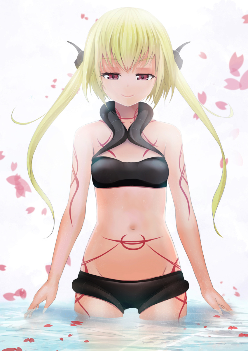1girl blonde_hair breasts highres long_hair looking_at_viewer navel original petals red_eyes simple_background small_breasts smile solo tattoo twintails water white_background xiaodi