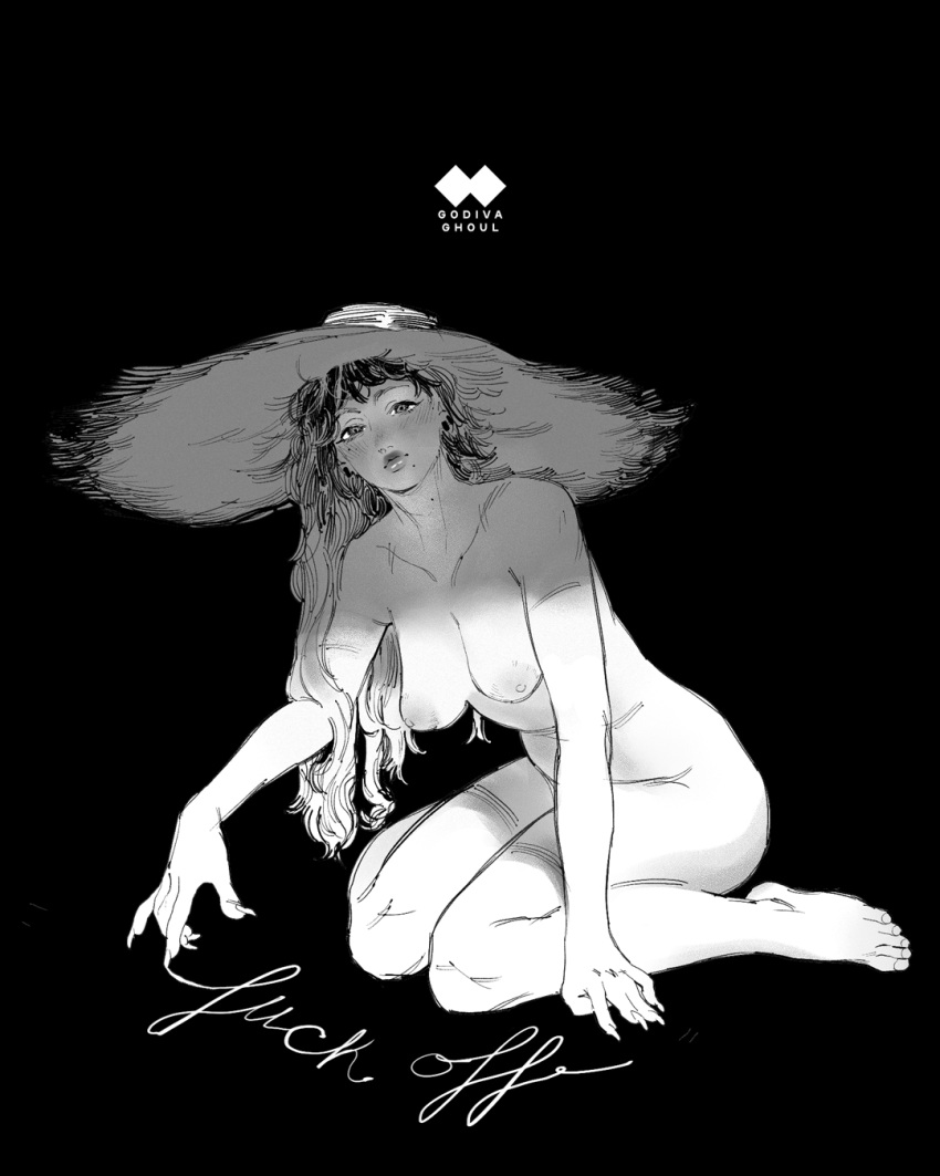 1girl artist_logo artist_name bad_knees barefoot black_background black_eyes breasts closed_mouth collarbone completely_nude cursive derivative_work english_text eyeliner fat_rolls feet finger_writing fingernails godiva_ghoul gradient_hair greyscale hand_on_floor hat head_tilt highres knees large_areolae large_hat leaning_forward legs lips lipstick long_fingernails looking_at_viewer makeup medium_breasts mole mole_on_neck mole_under_eye mole_under_mouth monochrome multicolored_hair multiple_moles nipples nose nude on_floor original shade sharp_fingernails simple_background sitting solo straw_hat toenails toes wariza wavy_hair wide_shot