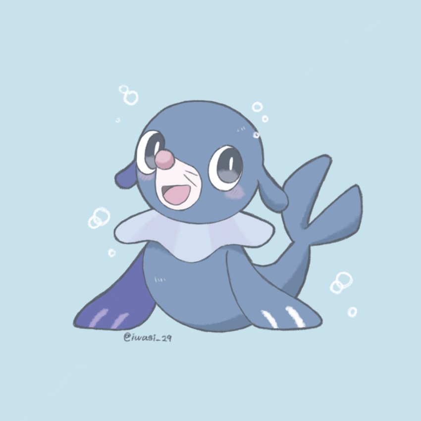 animal_focus artist_name black_eyes blue_background blue_skin bright_pupils colored_skin commentary_request forked_tail highres iwasi_29 no_humans open_mouth pokemon pokemon_(creature) popplio sea_lion simple_background smile snout tail twitter_username