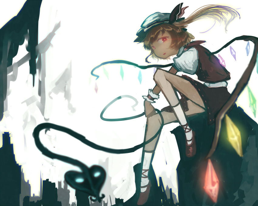 1girl blonde_hair cityscape crystal flandre_scarlet from_side full_body glowing glowing_eyes glowing_wings hat hat_ribbon highres laevatein_(touhou) looking_at_viewer looking_to_the_side mary_janes medium_hair mifuru mob_cap multicolored_wings one_side_up open_mouth outdoors puffy_short_sleeves puffy_sleeves red_eyes red_footwear red_ribbon red_skirt red_vest ribbon shirt shoes short_sleeves skirt socks teeth touhou upper_teeth_only vest white_headwear white_shirt white_socks wings wrist_cuffs