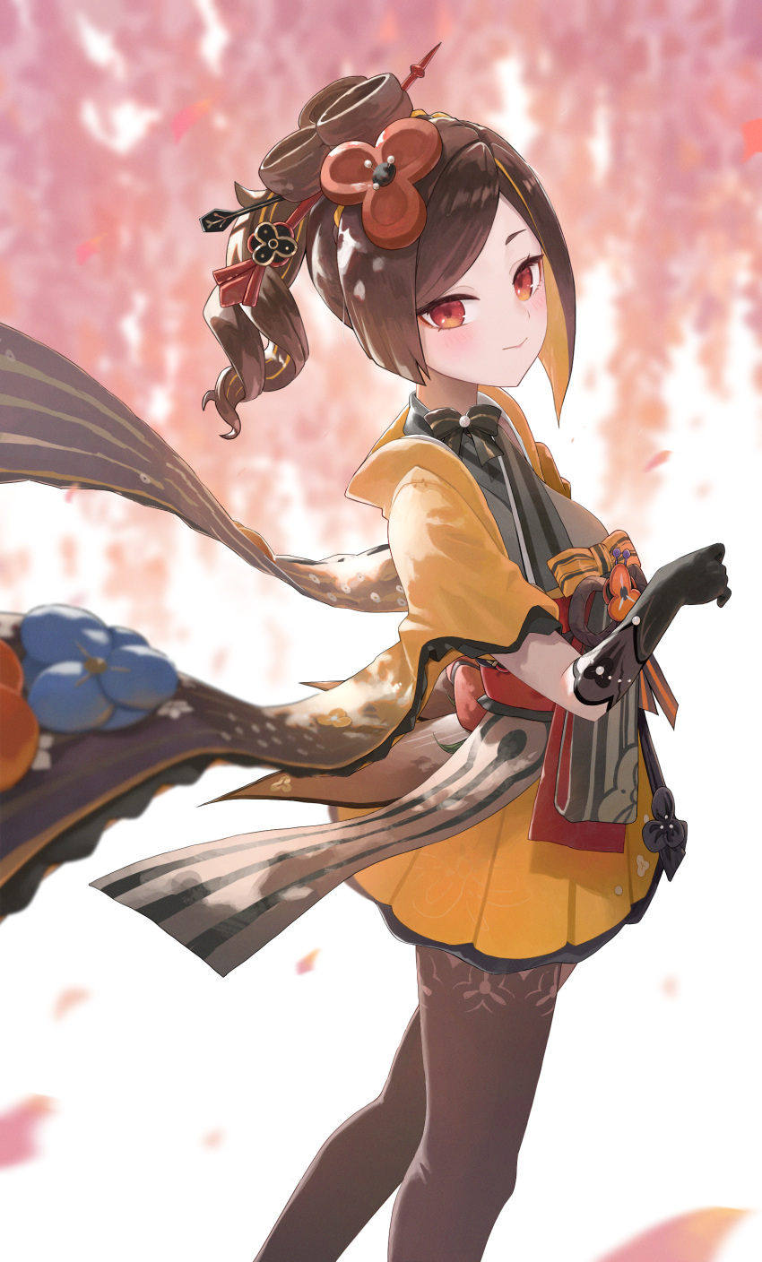 1girl absurdres black_gloves blush brown_hair brown_pantyhose chiori_(genshin_impact) closed_mouth commentary cowboy_shot elmo_(st_elmomomo) genshin_impact gloves hair_ornament hairpin highres japanese_clothes kimono looking_at_viewer pantyhose ponytail red_eyes skirt smile solo yellow_kimono yellow_skirt